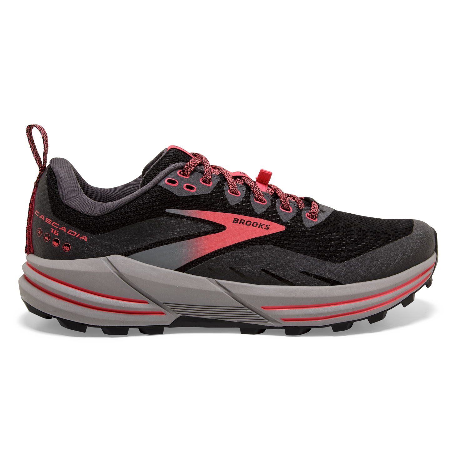 Women's Brooks Cascadia 16 GTX, Black/Blackened Pearl/Coral, 8 B Medium