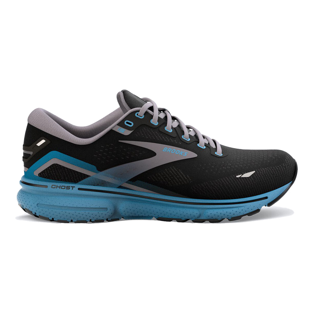 Men's Brooks Ghost 15, Black/Blackened Pearl/Blue, 8.5 D Medium