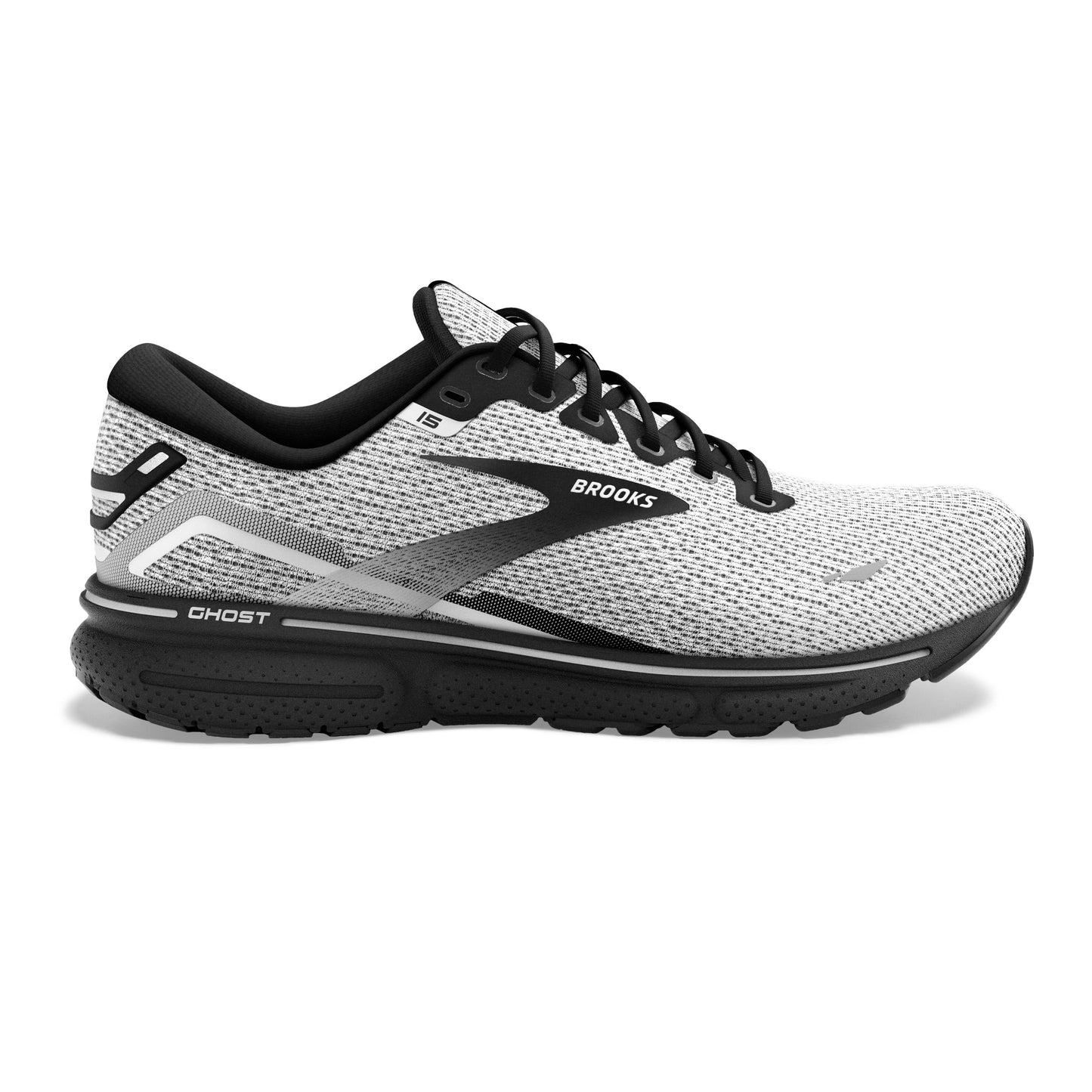 Men's Brooks Ghost 15, White/Black, 9.5 D Medium