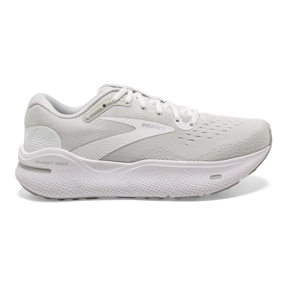 Men's Brooks Ghost Max, White/Oyster/Metallic Silver, 12 2E Wide
