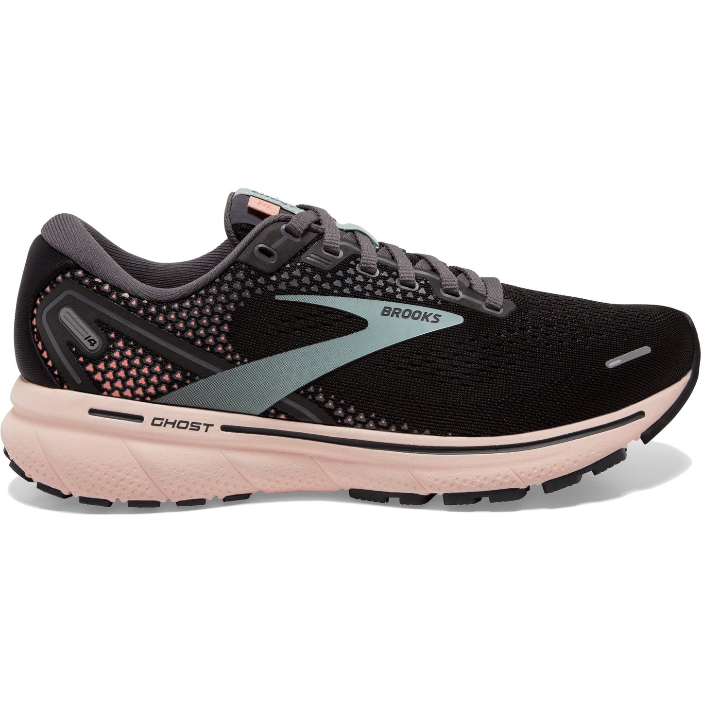 Women's Brooks Ghost 14, Black/Pearl/Peach, 7 B Medium