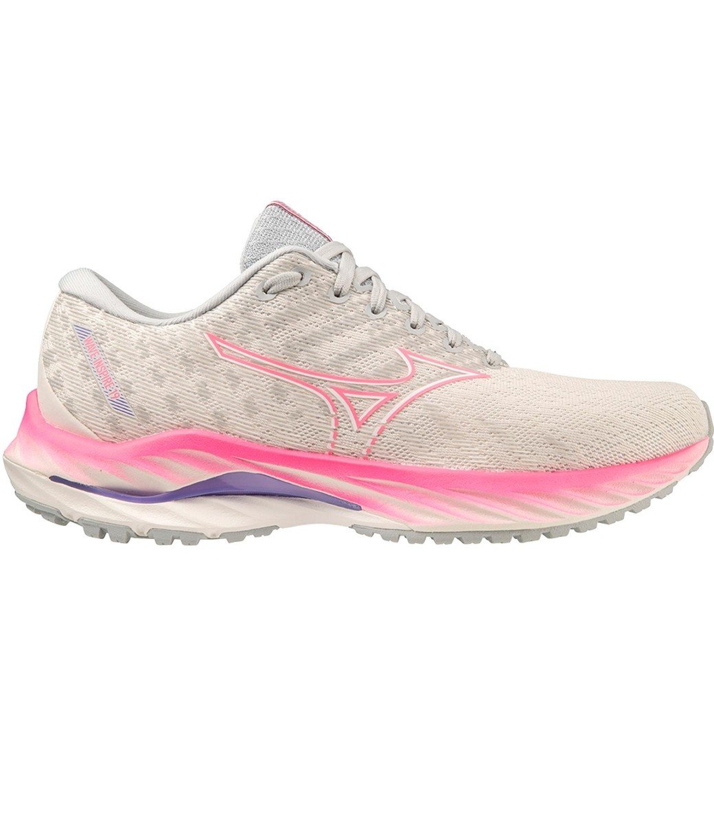 Women's Mizuno Wave Inspire 19, Snow White/High Vis Pink, 10 B Medium