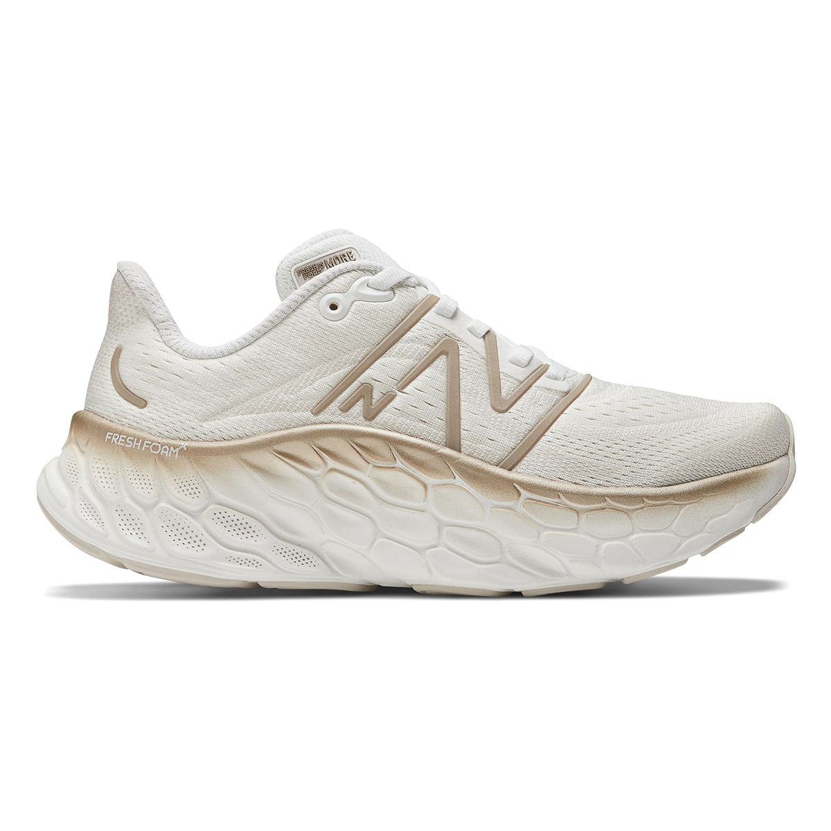 Women's New Balance Fresh Foam X More v4, White/Gold/Metallic/Moonbeam, 8 B Medium