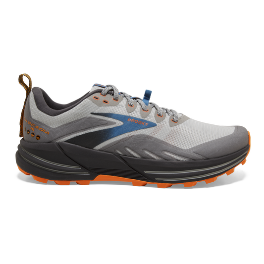 Men's Brooks Cascadia 16, Oyster Mushroom/Alloy/Orange, 9 2E Wide