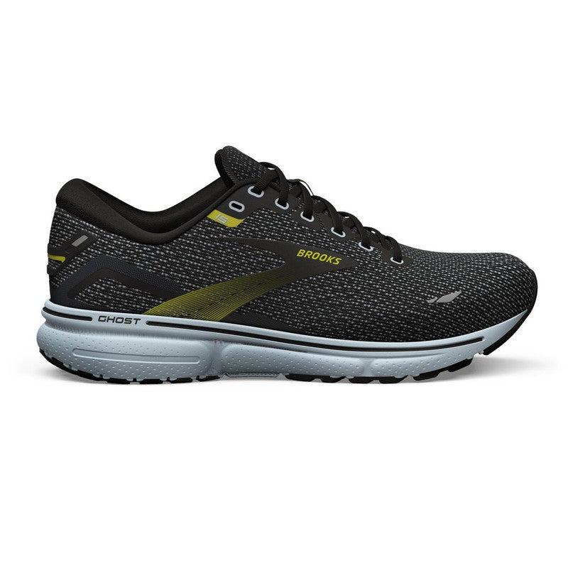 Men's Brooks Ghost 15, Black/Ballad Blue/Sulphur, 10 D Medium