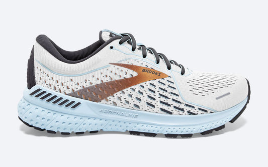 Women's Brooks Adrenaline GTS 21, White/Alloy/Light Blue, 11 B Medium