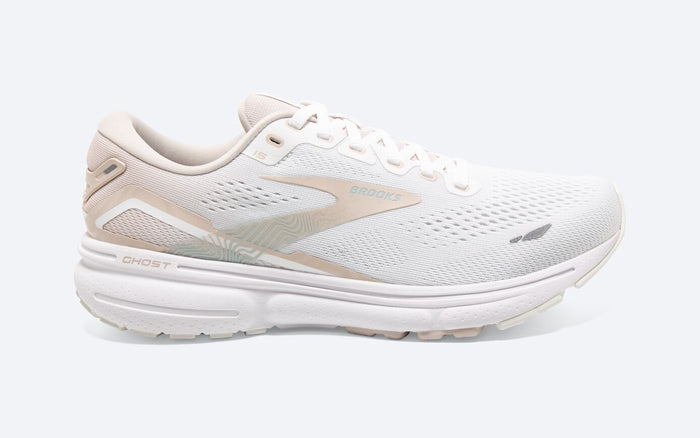 Women's Brooks Ghost 15, White/Crystal Grey/Glass, 7.5 B Medium
