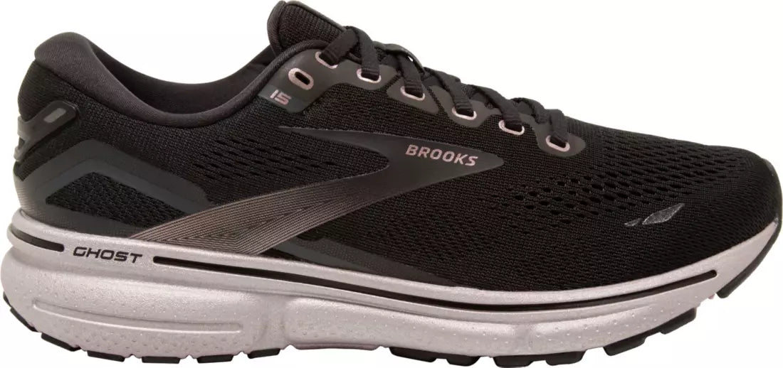 Women's Brooks Ghost 15, Black/Rose Gold, 7 D Wide