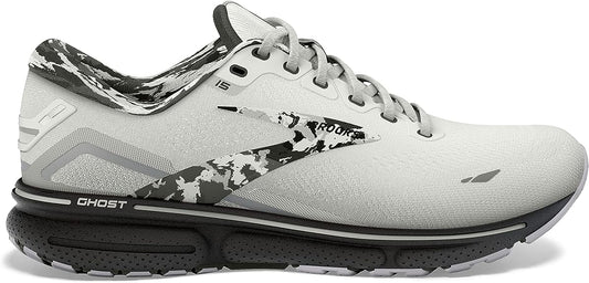 Men's Brooks Ghost 15, White/Ebony/Oyster, 10.5 D Medium