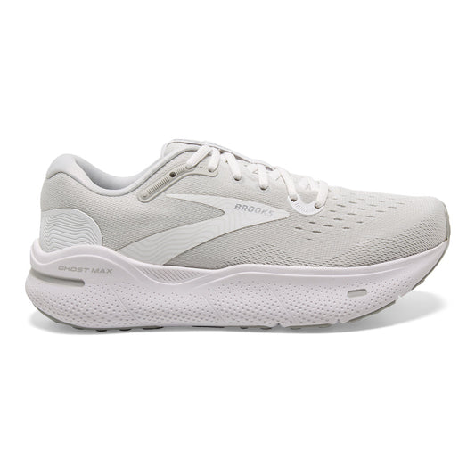 Men's Brooks Ghost Max, White/Oyster/Metallic Silver, 9 2E Wide