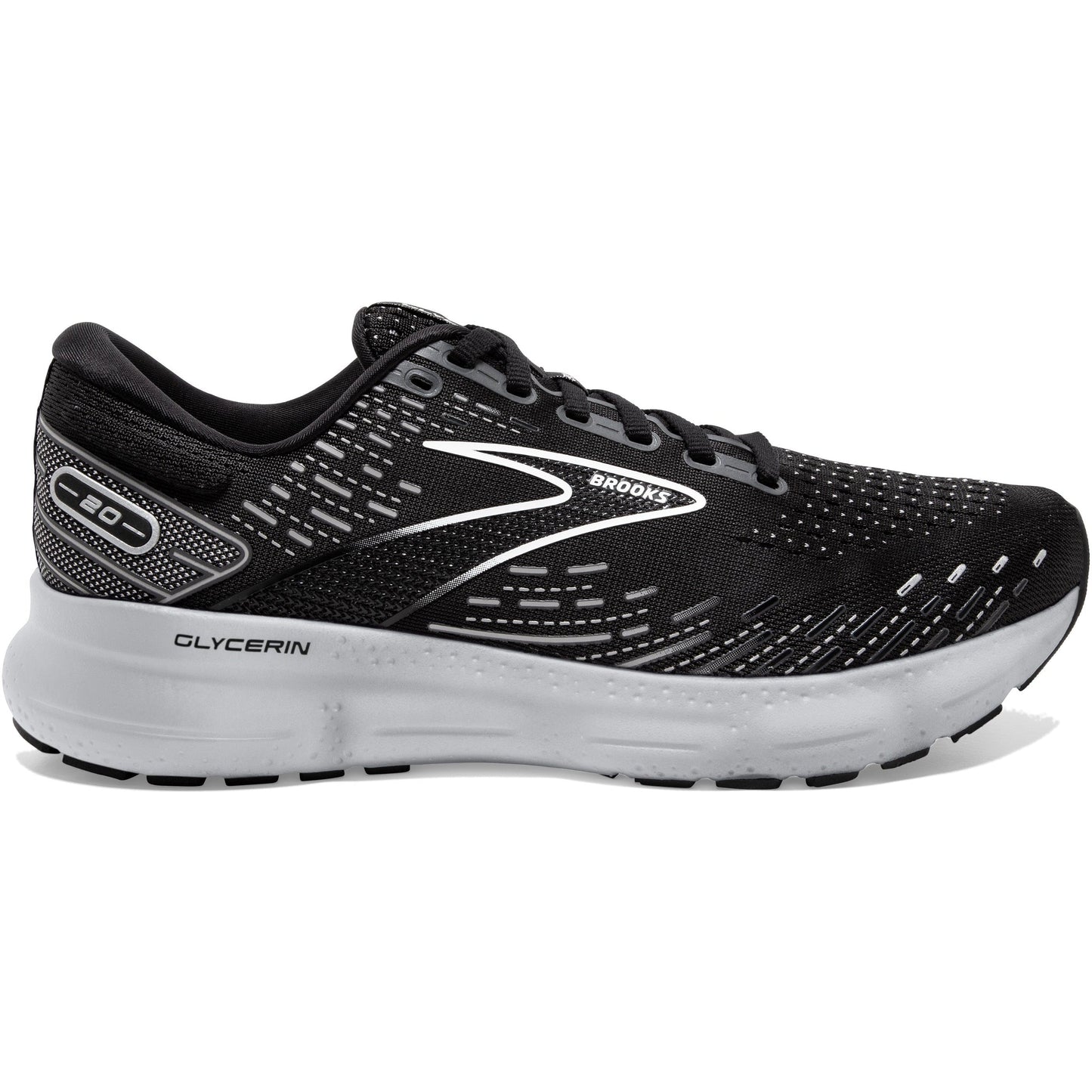 Men's Brooks Glycerin 20, Black/White/Alloy, 8 D Medium