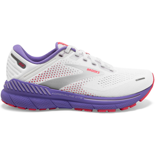 Women's Brooks Adrenaline GTS 22, White/Coral/Purple, 9 B Medium