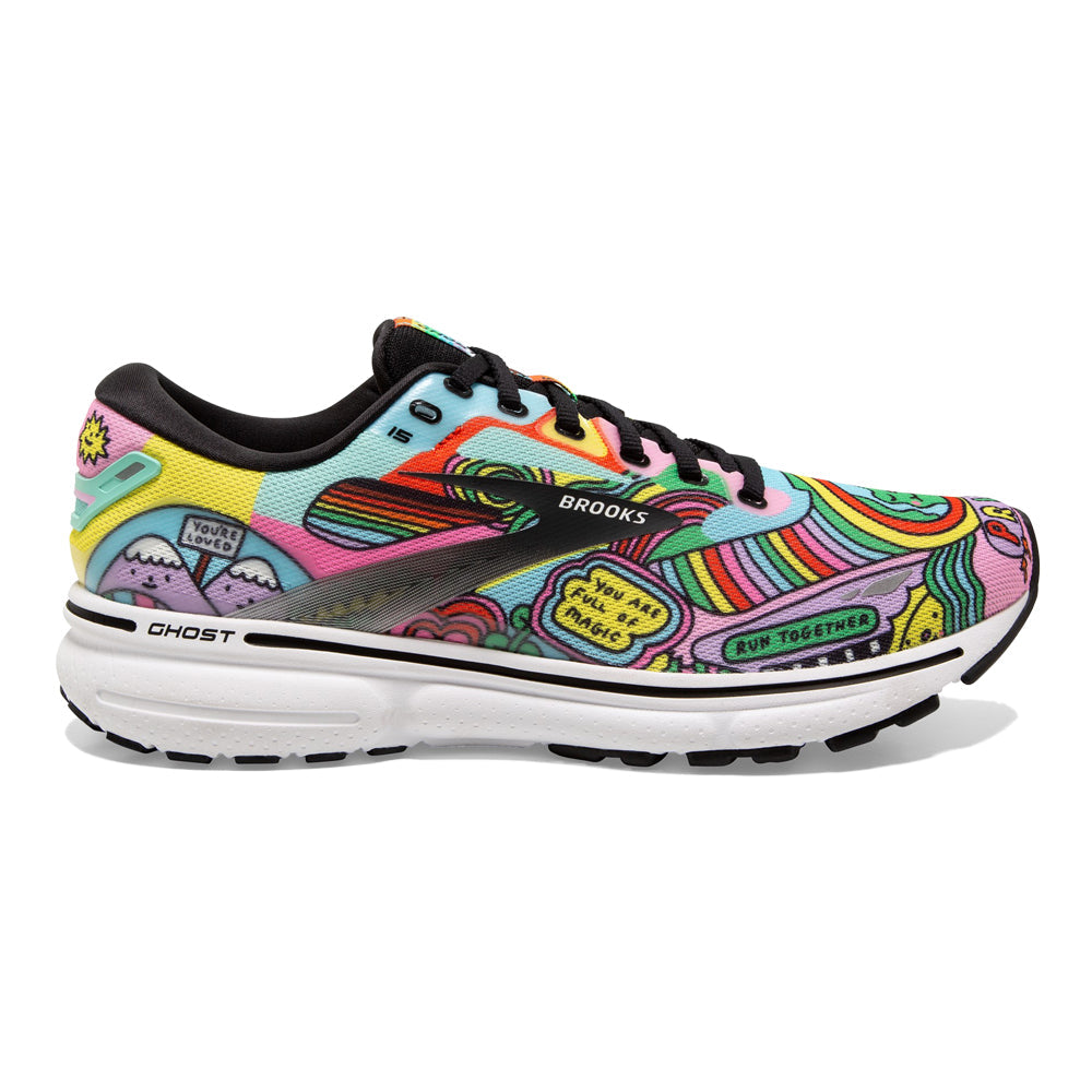 Women's Brooks Ghost 15, Black/White/Multi, 7 B Medium