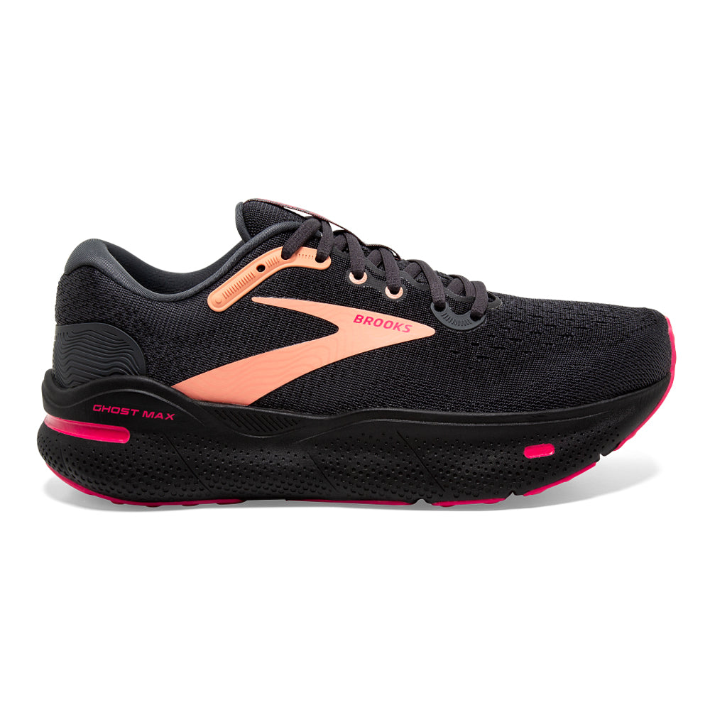 Women's Brooks Ghost Max, Black/Papaya/Raspberry, 7.5 B Medium