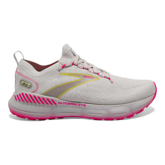 Women's Brooks Glycerin StealthFit GTS 20, Grey/Yellow/Pink, 10 B Medium