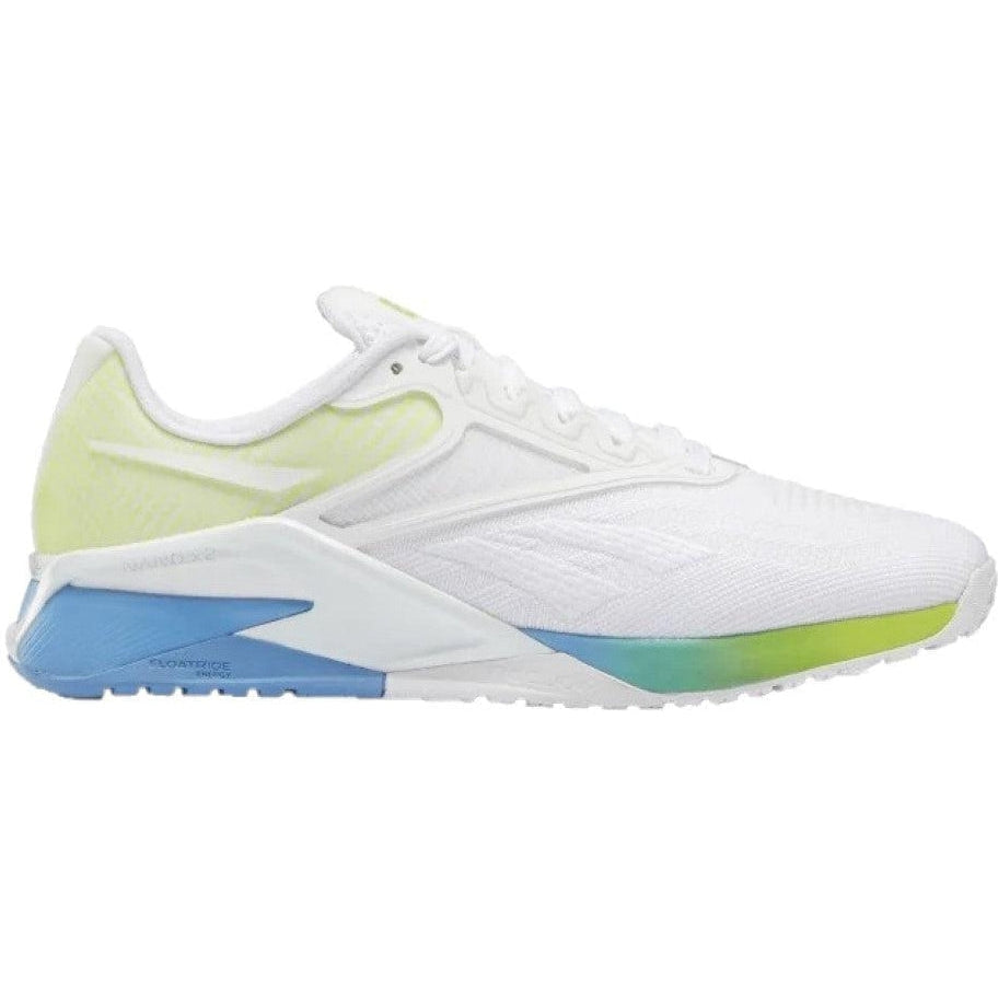Women's Reebok Nano X2, Ftwr White/Essential Blue/Acid Yellow, 8.5 B Medium